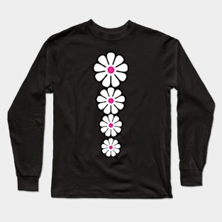 60's 70's Retro Large Flowers White on Black Pink Centers Long Sleeve T-Shirt